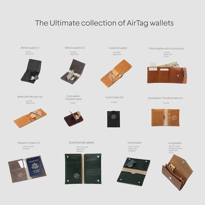 all types of leather AirTag wallets including billfold wallet, trifold wallet, passport holder, card holders, money clip, long wallet, travel wallets in different styles and colors