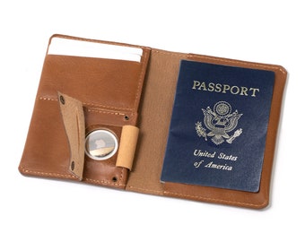 Leather AirTag Passport Holder with hidden pocket to fit inside Apple's AirTag / made from premium Italian full-grain leather