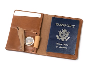 Leather AirTag Passport Holder with hidden pocket to fit inside Apple's AirTag / made from premium Italian full-grain leather