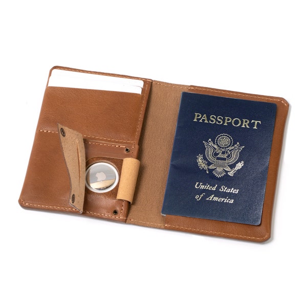 Leather AirTag Passport Holder with hidden pocket to fit inside Apple's AirTag / made from premium Italian full-grain leather