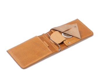 Leather AirTag Wallet with Money Clip and hidden pocket to fit inside Apple's AirTag, handcrafted from full-grain Italian leather