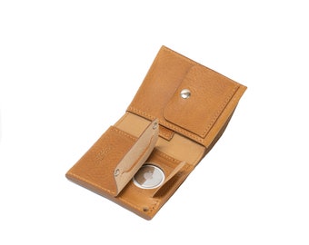 AirTag billfold wallet with hidden pocket to fit inside Apple's AirTag, holds cards, paper bills and coins, made of premium Italian leather