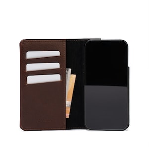 folio case wallet for iphone 14 compatible with apple and nomad case in the minimasit design made by Geometric Goods from premium italian leather in dark brown mahogany color