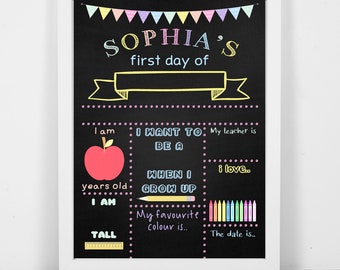 A4/A3 Personalised framed blackboard print wipe clean reusable first day school pastel