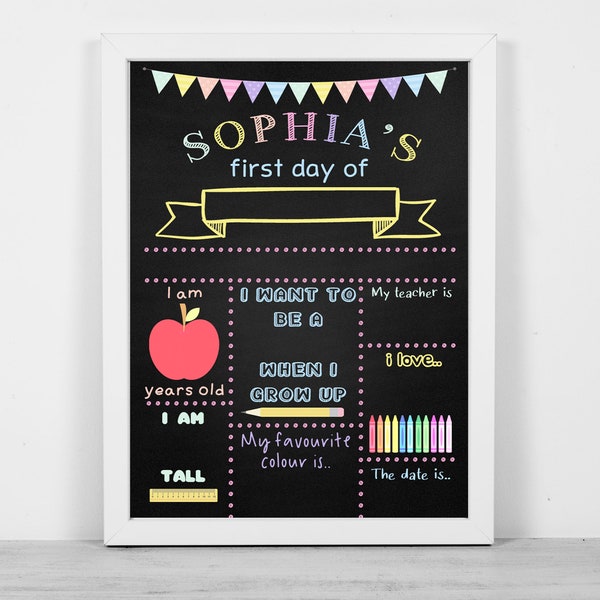 A4/A3 Personalised framed blackboard print wipe clean reusable first day school pastel