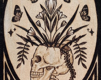 Art Print Wood Burned Floral Skull Witch Wall Art Dark feminine art Unique Home Decor & Gift Idea Gothic Art Nouveau Prints Butterfly Tattoo