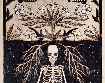 Art Prints Skeleton Meditating Art Nouveau Flower Design Pyrography Print Symbolic Life Cycle Art Witch Wall Art Gifts Her Dark Aesthetic
