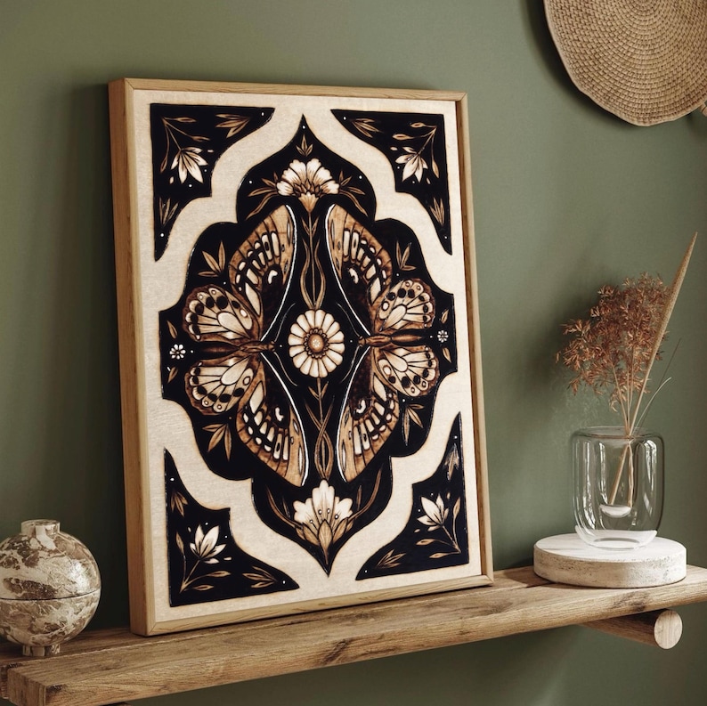 Wood Burned Art Nouveau Butterfly Art Print Floral Pyrography Artwork Butterfly Home Decor Modern Gifts for her Butterfly Tattoo Designs image 2
