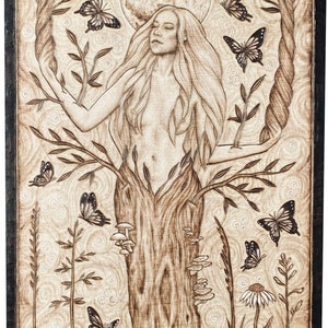 Art Prints Forest Fairy Goddess Plant Art Butterfly Design Pyrography Divine Feminine Art Moon Goddess Art Gift Idea for Nature Lovers