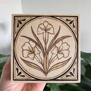 Art Nouveau Flower Small Wall Hanging Botanical Decor Wood Burned Floral Pyrography Unique Nature Art Gifts Handmade Original Elegant Art