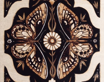 Wood Burned Art Nouveau Butterfly Art Print Floral Pyrography Artwork Butterfly Home Decor Modern Gifts for her Butterfly Tattoo Designs