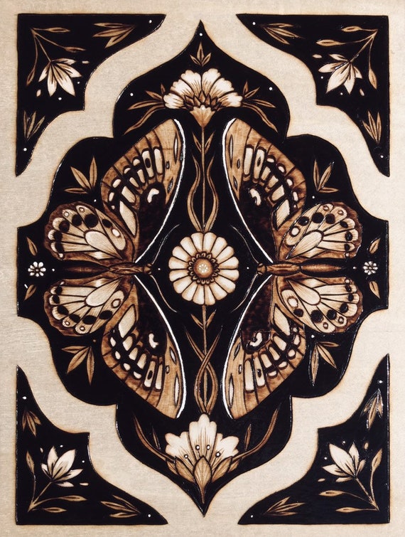 Wood Burned Art Nouveau Butterfly Art Print Floral Pyrography Artwork Butterfly Home Decor Modern Gifts for her Butterfly Tattoo Designs