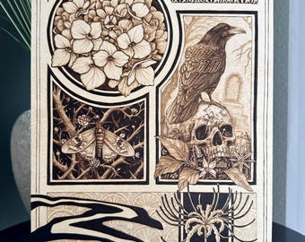 Raven Skull Moth Flowers Woodburned Art Gothic Nature Decor Crow on Skull Pyrography Botanical Dark Art Wall Hanging Macabre Nature Artwork