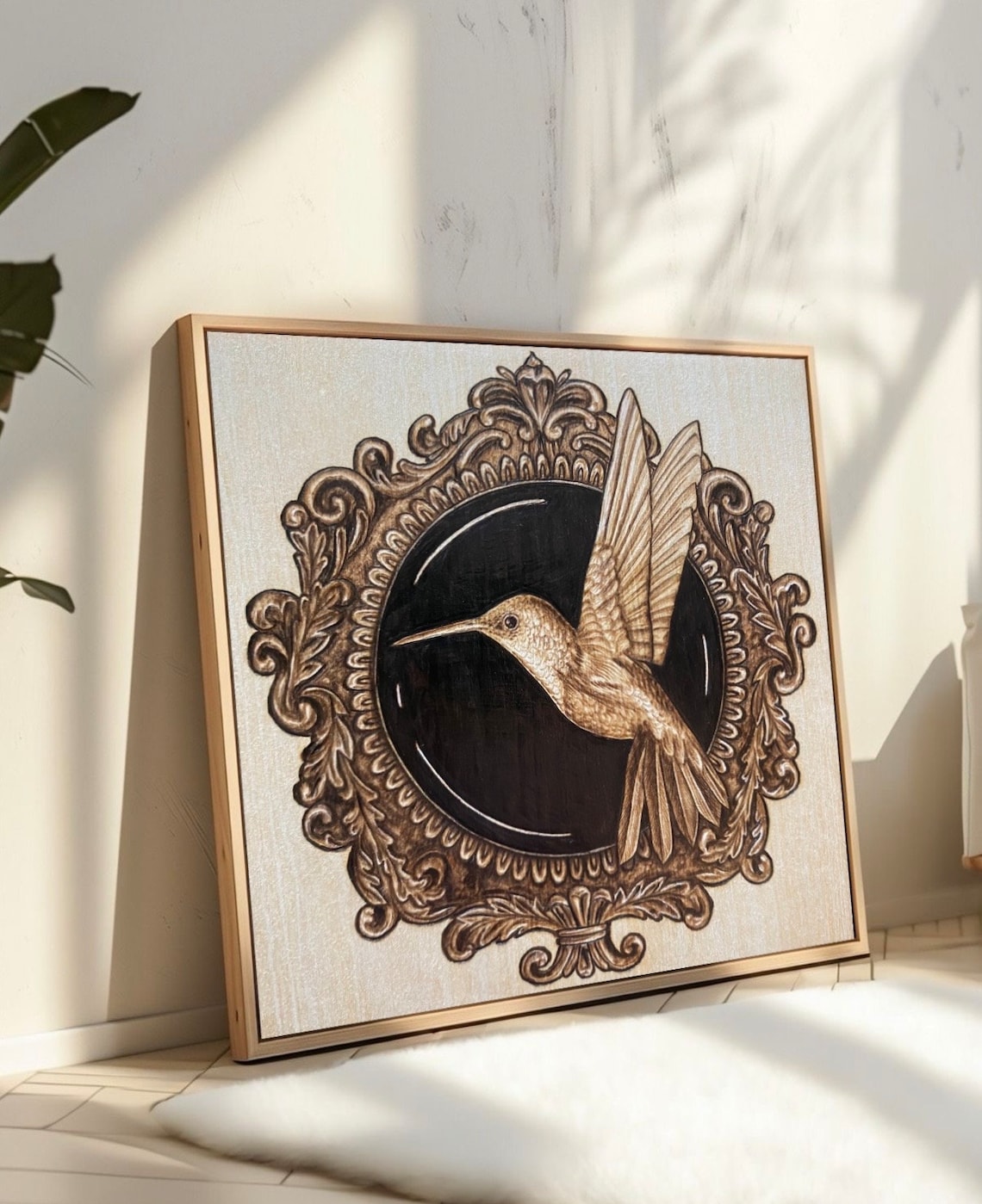 Hummingbird Art Print Wood Burn Ornate Frame Pyrography Artwork ...