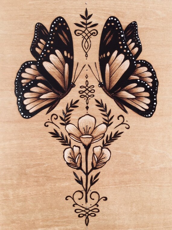 Butterfly Art Print Wall Hanging Decor WoodBurned Nature Art Flower Butterfly Tattoo Design Inspiration Art Gifts for Her Dark feminine Art