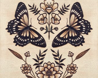 Butterfly Floral Art Print Botanical Pyrography Butterfly Wall Art Nature Inspired Illustration Insect Art Cottagecore Minimalist Home Decor