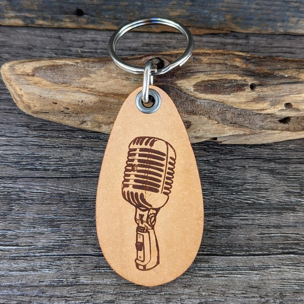 Microphone genuine leather keychain gift for singer vocalist key holder can be customized