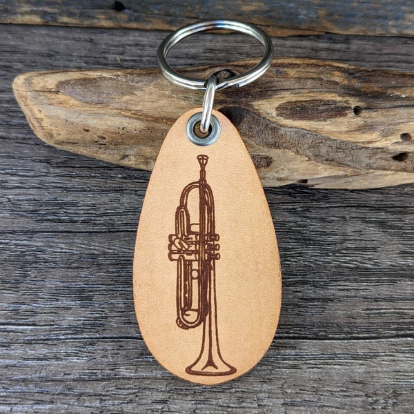 Trumpet genuine leather keychain unique gift for musician brass key holder