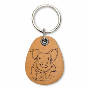 Pig - genuine leather keychain - on the farm keyring