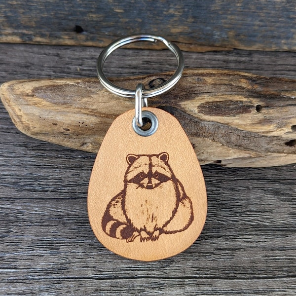 Raccoon genuine leather keychain gift for raccoon lover key ring holder