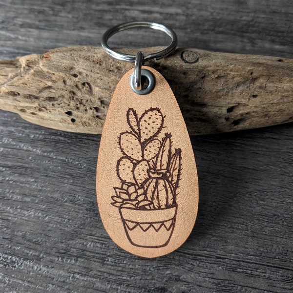 Cactus & Succulents - Genuine Leather Keychain - Gift for Plant Lover
