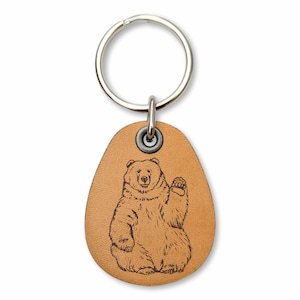 Waving Bear - Happy Bear - Genuine Leather Keychain Bear themed gift Leather Key Fob