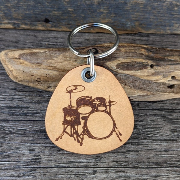 Drum set genuine leather keychain gift for drummer vintage look leather key holder