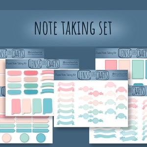 May include: A pastel note-taking kit with various shapes and designs, including squares, rectangles, speech bubbles, and ribbons. The kit features pink, teal, and peach colors. The text "NOTE TAKING SET" is displayed at the top.