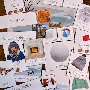 May include: A set of printable flashcards for teaching children about winter. The cards feature images and words related to winter, such as snow, mittens, and sledding. The cards are designed to help children learn new vocabulary and concepts related to winter.