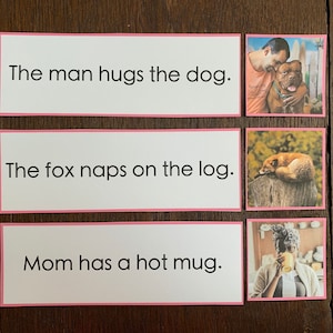 Puede incluir: Tres tarjetas con bordes rosas. La tarjeta superior tiene el texto "The man hugs the dog." La tarjeta del medio tiene el texto "The fox naps on the log." La tarjeta inferior tiene el texto "Mom has a hot mug."