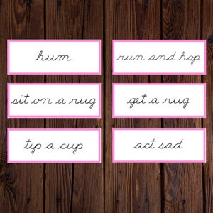 May include: Six white cards with pink borders, each with a different phrase written in black cursive handwriting. The phrases are "hum", "run and hop", "sit on a rug", "get a rug", "tip a cup", and "act sad".