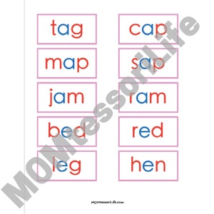 Tarjetas imprimibles de fotos y palabras de la serie Montessori Pink en letra impresa Y cursiva