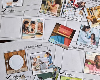 Op de afbeelding: Een afdrukbare visuele planning voor kinderen met afbeeldingen van dagelijkse activiteiten. De planning is verdeeld in drie secties: Ochtendtaken, Keuzebord en Bedtijdtaken. Elke sectie heeft een checklist met afbeeldingen van activiteiten zoals aankleden, naar school gaan, lezen, opruimen, het vuilnis buiten zetten en tanden poetsen.