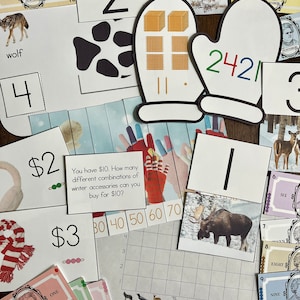 May include: A set of educational materials for children, featuring a variety of winter-themed images, including a wolf, a moose, mittens, and a scarf. The materials include number cards, money, and a grid for counting and problem-solving. The text "You have £10. How many different combinations of winter accessories can you buy for £10?" is included.