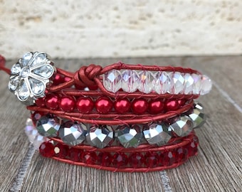 Leather Wrap Bracelet Holiday Red