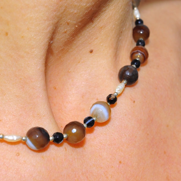 Botswana agate mounted with 925 silver pearls agata botswana montate con argento 925 perle