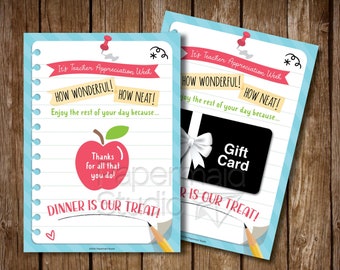 Teacher Appreciation Card Printable - Teacher Appreciation Week Gift Card Holder - Teacher Thank You Card -  Restaurant Dinner Gift Card