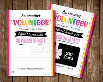Volunteer Thank You Card Printable Gift Card Holder - Class Helper Volunteer Appreciation Week - Staff PTO PTA End of Year Parent Thank You