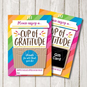 Teacher Appreciation Gift - Cup of Gratitude Card - Teacher Appreciation Coffee - Staff Team Appreciation - PTO PTA HSA Thank You
