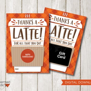Porta-cartão de presente para café de Ação de Graças para impressão - Cartão de Ação de Graças com café com leite - Cartão de agradecimento do professor - Presente de Ação de Graças para funcionários