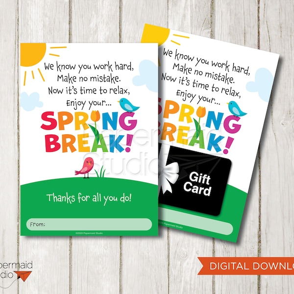 Teacher Spring Break Card - Daycare Easter Break Gift Card Holder Printable - Staff Spring Break Gift - PTO PTA Spring Break Card