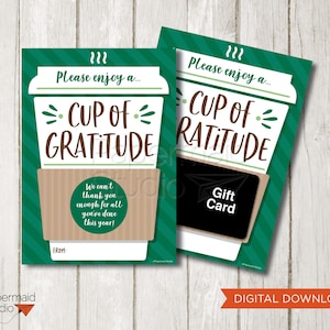 Leraar Bedankkaart Afdrukbaar - Koffie Cadeau Kaarthouder - Beker van Dankbaarheid - Staff Appreciation Week - Laatste dag van het schooleinde van het jaar