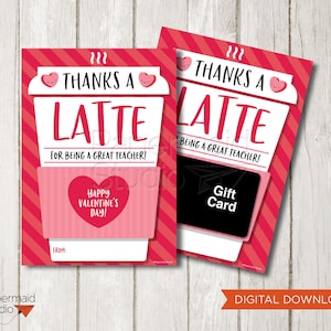 Professeur Valentine Coffee Gift Card Holder imprimable - Merci a Latte Valentine - Valentine Teacher Gift - Coffee Valentines Card