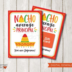 Carte de remerciement imprimable pour le directeur d'école - porte-carte cadeau tacos - carte de remerciement pour le personnel enseignant - cadeau moyen nacho pour le directeur