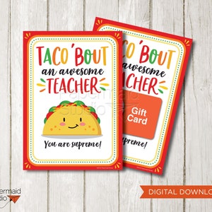 Cadeau de remerciement pour enseignant - carte de remerciement tacos imprimable - porte-carte cadeau tacos - carte de remerciement pour enseignant - enseignant moyen nacho