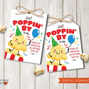 Popcorn Birthday Party Tag - Popcorn Thank You Gift Tag - Thanks for Poppin By My Birthday - Birthday Movie Popcorn Party Favor Card