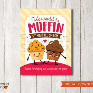 Muffin de agradecimento ao professor para impressão - Muffin de agradecimento aos funcionários, pôster de agradecimento - Sinal de muffin de agradecimento ao funcionário - Pôster de muffin