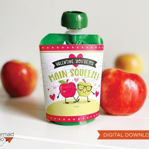 Valentine Applesauce Wrap Tag - Printable Applesauce Valentine Labels - Valentine Sticker for Applesauce Pouch - Class Valentine Apple Tag