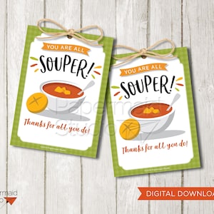 Etichetta regalo di apprezzamento del collega - Etichetta regalo di ringraziamento del personale - Carta regalo zuppa - Carta della settimana di apprezzamento dell'insegnante - Grazie volontario