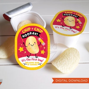 Etiquetas de chips para el primer día de clases - Etiquetas de chips imprimibles del tamaño de un refrigerio - Pegatina de papas fritas - Regalo para el aula - Regalo para maestros de regreso a la escuela